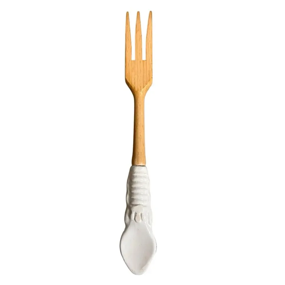 Hand Painted Ceramic Handled Wooden Fork Vintage Retro Ornate ￼